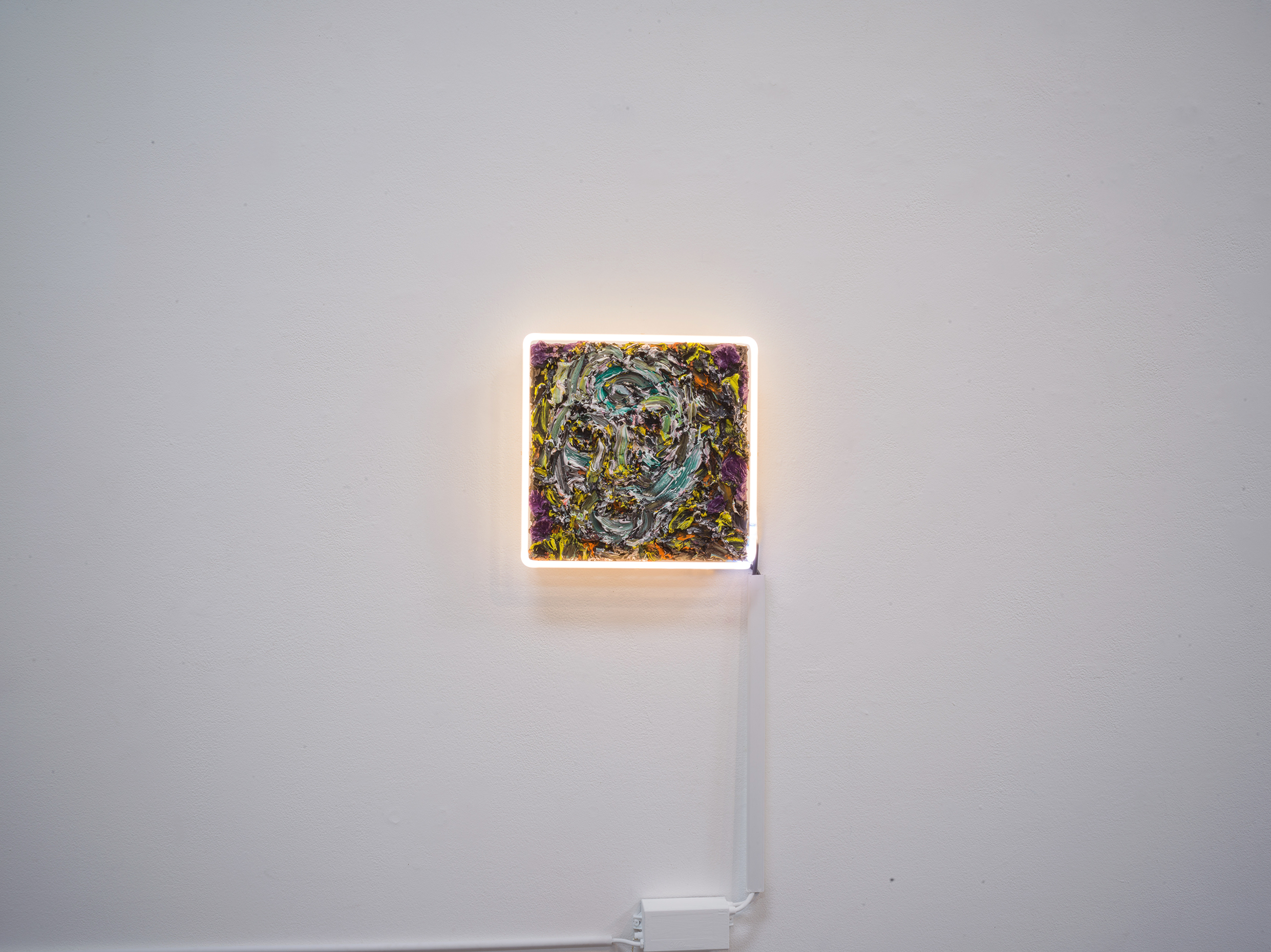   Clouds Follow Me,  2017  Oil on panel, 12x12"  Installation view with neon frame 